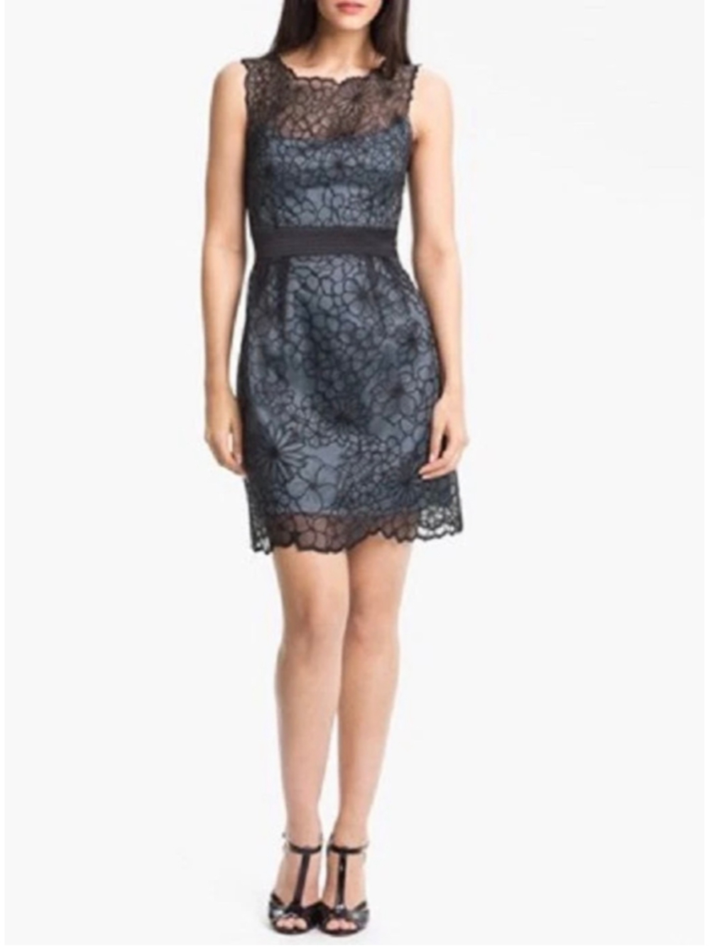Adrianna Papell Dress Size 12 Black Floral Lace Lined Formal Sheath Sleeveless